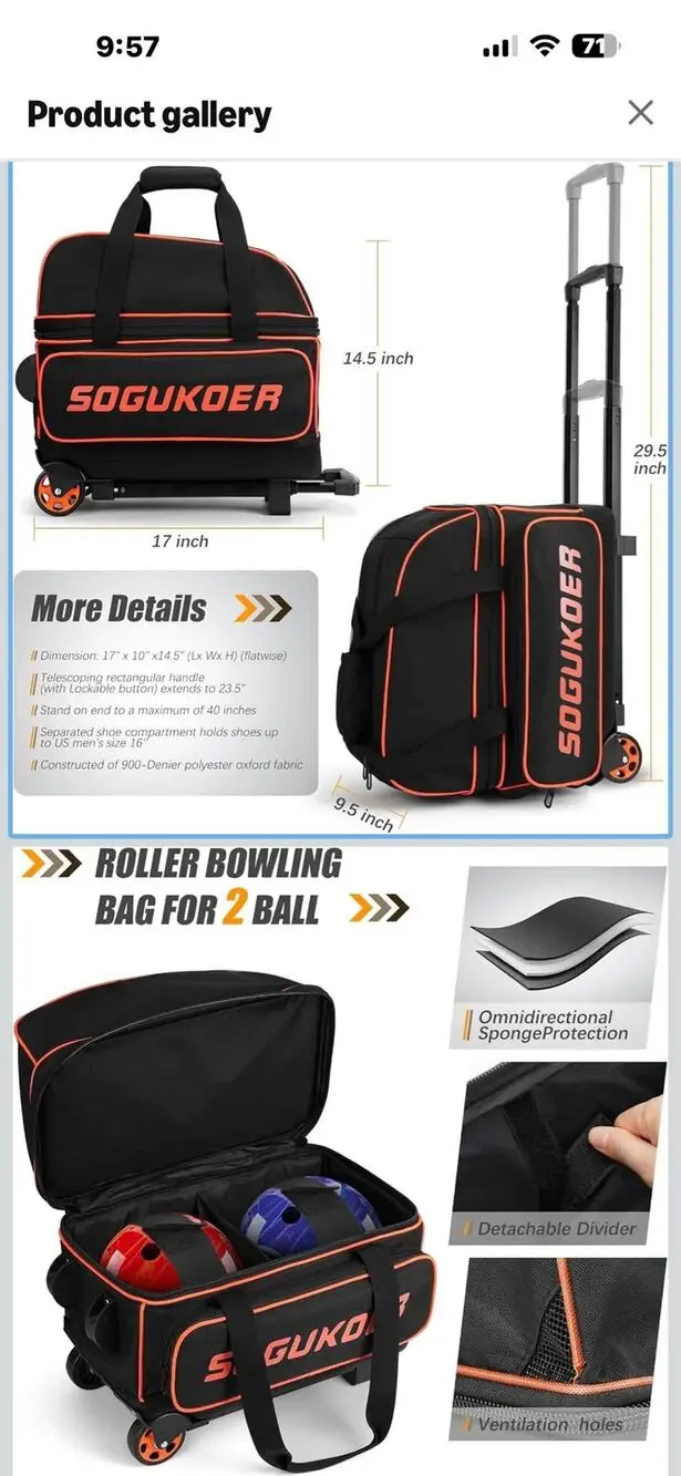 SOGUKOER 2-Ball Roller Bowling Bag Black/Orange Rolling Tote with Handle &wheels